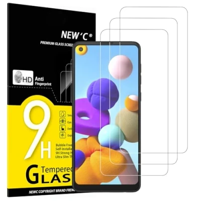 Immagine di NEW&#039;C 3 Pezzi, Vetro Temperato per Samsung Galaxy A21, Pellicola Prottetiva Anti Graffio, Impronte, Senza Bolle, Durezza 9H, 0,33mm Ultra Trasparente, Resistente