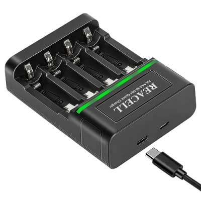 Immagine di REACELL AA AAA Caricabatterie Pile Ricaricabili, 4 Slot Indipendente Caricatore Rapido, Ni MH Carica Batterie con LCD Display Porta USB Tipo C