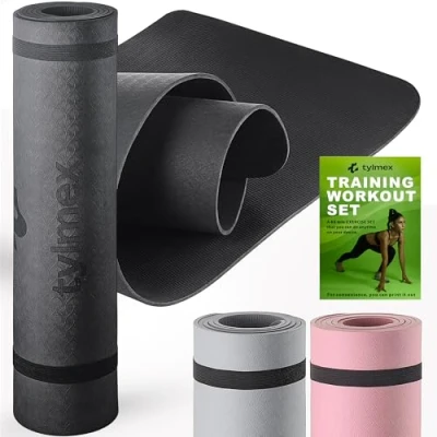 Immagine di Tylmex tappetino da yoga in TPE, antiscivolo, con tracolla e tracker, spessore 6 mm, yoga, ginnastica per allenamento a casa, colore nero