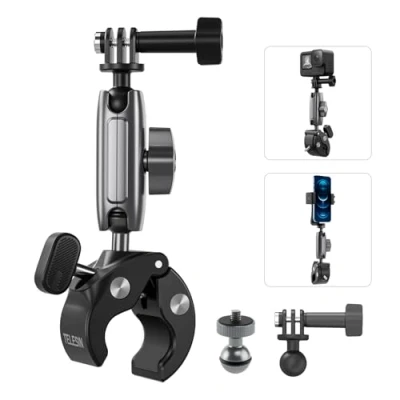 Immagine di TELESIN Supporto Manubrio moto per GoPro Hero 13/12/11/10/9/8, DJI Osmo Action 4/3, Insta 360 X4 X3, Fotocamera Bicicletta/Motociclo con Regolabile Girevole a 360, vite da 1/4&quot;