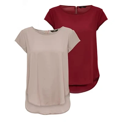 Immagine di ONLY Onlvic S/S Solid Top Noos Wvn Maglietta da Donna, Rosa/Rot (1x Pale Mauve/ 1x Merlot), 42 (EU) / 46 (IT)