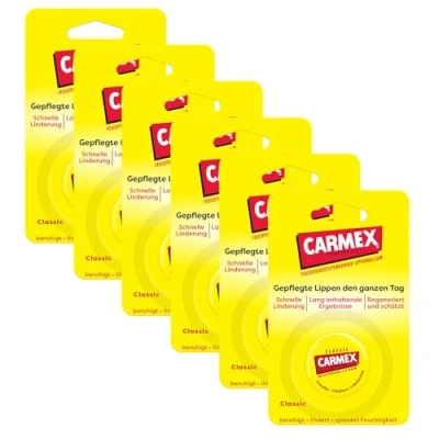 Immagine di Carmex Classic Crogiolo Cura delle labbra secche, balsamo per idratante e lenitivo screpolate, con vaselina, vitamina cera d&#039;api (6 x 7,5 g)