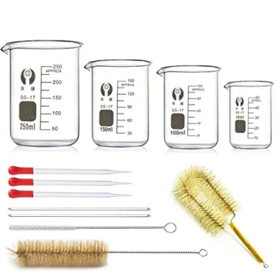 Immagine di Becher Graduato in Vetro Borosilicato, JESSTOLO 4 Pezzi Misurazione Bicchieri 50ml/100ml/150ml/250ml, 3 Contagocce, Spazzolini di Pulizia et 2 Barra Agitazione per Esperimento Chimico