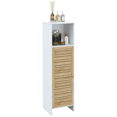 Immagine di HOMCOM Mobile bagno indipendente con 1 vano a giorno e armadio ripiani regolabili, anta in bambù, 35 x 30 120 cm bianco