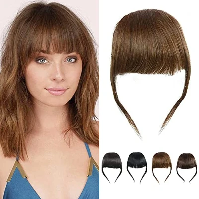 Immagine di Frangetta per Capelli Spessi Clip Veri Umani In Estensione Dei con Frangia Non Trattata, Colore Marrone Chiaro