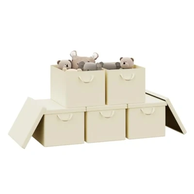 Immagine di WOLTU Scatola Portaoggetti Pieghevole, Set di 5 Ceste in Tessuto, Cubo con Coperchio e Maniglie, per Vestiti, Libri Giocattoli, Crema, 48x30x36 cm, ABB04cm