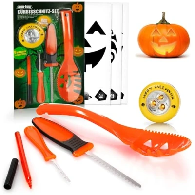 Immagine di COM FOUR® Set da 14 pezzi per intagliare la zucca Halloween Strumenti taglio svuotare le zucche coltello, cucchiaio, penna e luce LED (arancione con LED)