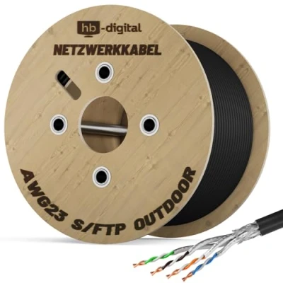 Immagine di hb digital 500m CAT 7 cavo di installazione Ethernet 1000 MHz 10 Gbit per esterni nero AWG23/1 PE S/FTP doppia schermatura PIMF rame puro dati grezzo/interrato uso esterno