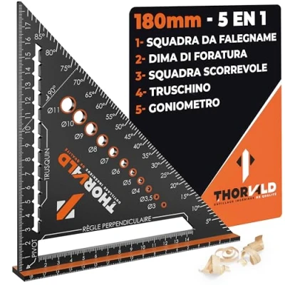 Immagine di THORVALD Squadra da Falegname 5 in 1 180 mm Multifunzione: Tracciatore/Goniometro/Modello di Misurazione/Squadra a cappello Alluminio Strumento per Risparmiare Tempo