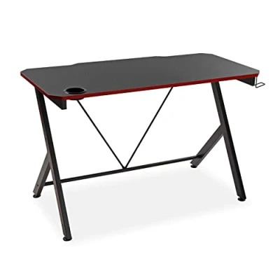 Immagine di VERSA Pablo Scrivania per Computer e Scrittoio Salvaspazio, Piccolo Tavolo da Ufficio o Studio, Porta Casco Bevande, Misure (A x L l) 76 60 120 cm, Legno Metallo, Colore Nero Rosso