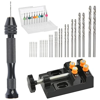 Immagine di DODUOS 37 PCS Set Mini Trapano a Mano, Includi 25 Punte Elicoidali, 1 Morsa da Banco, 10 Trapani per PCB, Utensili Foratura Modellismo Fai Te Craft Carving