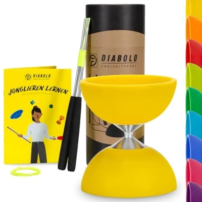 Immagine di Diabolo Freizeitsport Set giocoliere Basic (giallo) con bastoncini in alluminio, corda di ricambio, istruzioni (lingua italiana non garantita). Perfetto per bambini, principianti e
