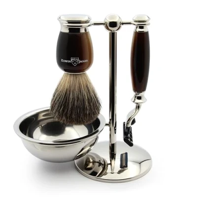 Immagine di Edwin Jagger S81M582BAMZ Set Da Barba Classico Con Ciotola In Imitazione Di Corno Chiaro E Nichel Pennello Puro Tasso Rasoio Mach 3 Per Crema O Sapone Uomo