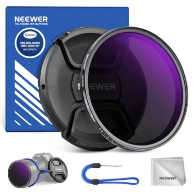 Immagine di NEEWER 52mm Filtro ND2 ND400 Variabile (1 9 Stop) con Copriobiettivo, Cordino, Panno da Pulizia, Regolazione Precisa della Densità Neutra, Vetro Ottico Multistrato, Anti Impronte Digitali e Antigraffi