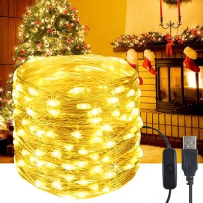 Immagine di YIFMOO Catena di luci a LED USB, 20 m, 200 LED, impermeabile, con interruttore, micro filo rame, per esterni e interni, fai da te, Natale, stanza, feste, matrimoni, bianco caldo