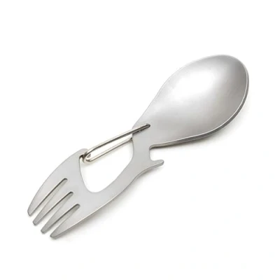 Immagine di Forchetta in acciaio inox cucchiaio titanio con apriscatole apribottiglie multiuso per campeggio posate da viaggio argento