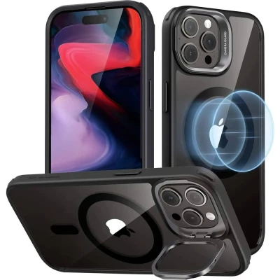 Immagine di ESR Classic Hybrid HaloLock Case + Stash Stand Backcover per cellulare Apple iPhone 15 Pro Max Trasparente, Nero Compatibile con MagSafe