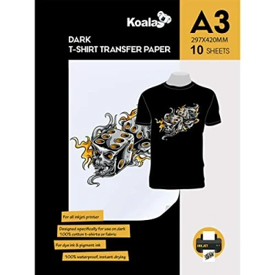 Immagine di KOALA Carta trasferibile termoadesiva per magliette a getto d&#039;inchiostro di alta qualità, tessuti neri e scuri, formato A3, immagini vivide lunga durata, facile da usare