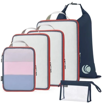 Immagine di Cipway Organizer Valigia,Cubi da Imballaggio a Compressione, Design Rete, Salvaspazio Borse Viaggio Set Sacchi Sottovuoto Vestiti per Zaini o Bagagli Mano (Blu,6 Pezzi)