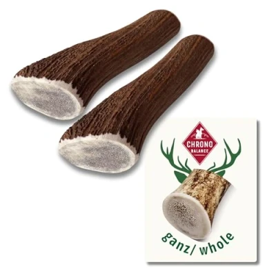 Immagine di ChronoBalance® (XL Set di 2 Corna Cervo per Cani (Pezzi Interi) Bastoncino da Masticare Naturale, Osso Cervo, Giocattolo Lunga Durata, Cura dei Denti, Sostenibile Sicuro, Snack Nutriente