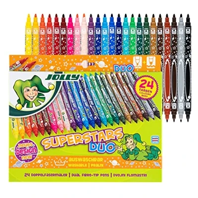 Immagine di JOLLY Pennarello Superstar DUO, Una Punta spessa e sottile, di alta qualità, Lavabile, 24 pezzi in astuccio cartone, Colori vivaci ricchi, sottile spessa, Adatto ai bambini