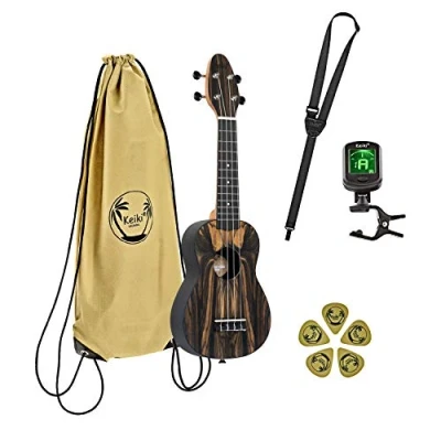 Immagine di Ortega Guitars Ukulele Soprano acustico Keiki K3 Starter Kit include Accordatore, Tracolla, 5 Plettri Medium e Borsa con Coulisse white ebony (K3 WEB)