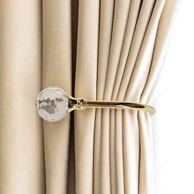 Immagine di PHOEWON Confezione da 2 fermatenda a forma di U in metallo con sfere cristallo acrilico (piccolo, oro)