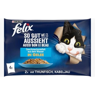 Immagine di FELIX Ottimo come sembra cibo per gatti bagnato in gelatina, con tonno e merluzzo, confezione da 12 (12 x 4 bustine 85 g)