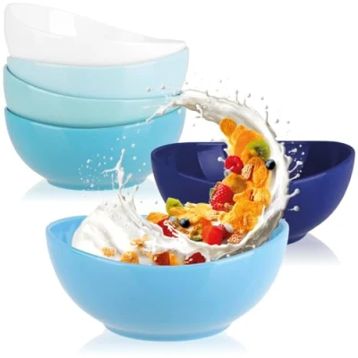 Immagine di COM FOUR® 6x ciotole in ceramica 500ml per cereali dessert insalata ideali colazione, spuntini e design elegante (6 pezzi bianco/blu curvo)