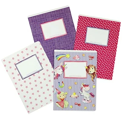 Immagine di 4 quaderni di alta qualità per bambini DIN A5 foderato e quadrato 32 pagine motivo unicorno iniziare la scuola studenti delle elementari set numero 2 16 fogli