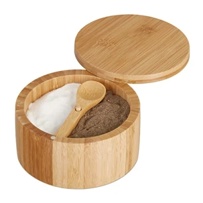 Immagine di Relaxdays Portaspezie con Coperchio Magnetico e Cucchiaino, 2 Scomparti per Spezie, HxD: 6,5x12,5 cm, bambù, Naturale