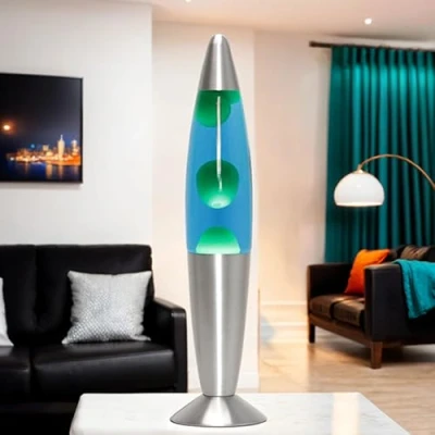 Immagine di lampada lava in alluminio e vetro color argento, blu verde per soggiorno, 36 cm, G9, inclusa lampadina, da tavolo retro decorativa camera dei ragazzi TIMMY