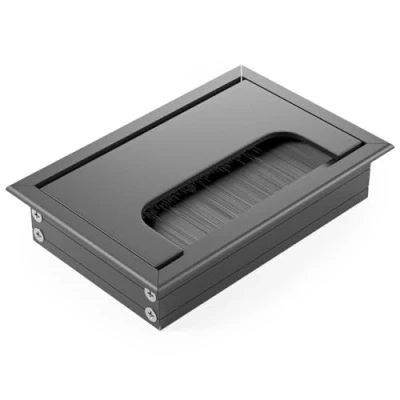 Immagine di ATM® passacavo in alluminio, con spazzola e patta integrati, per ordine visione sul posto di lavoro, rettangolare (nero opaco, 80 x 120 mm)