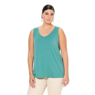 Immagine di Ulla Popken Top Classico in Puro Cotone con Scollo a V Verde 54+ 724584432