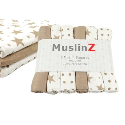 Immagine di MuslinZ 6 panni quadrati in mussola per bambini, allattamento, 70 x cm, 100% puro cotone, assorbenti e traspiranti (tortora)