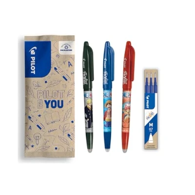 Immagine di PILOT x One Piece set di 3 Frixion Ball, nero, blu, rosso + 1 ricariche blu 4 adesivi Penne cancellabili Edizione limitata roller ricaricabili Punta media