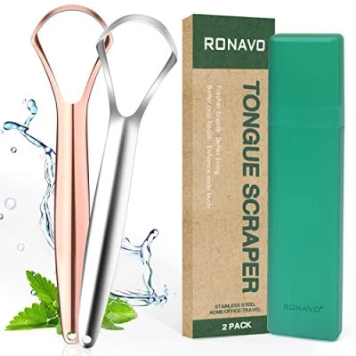 Immagine di RONAVO Pulisci Lingua con Custodia Pratica, Nettalingua (2 pezzi), Raschietto Combatti Alito Cattivo, Raschia in Acciaio Inox