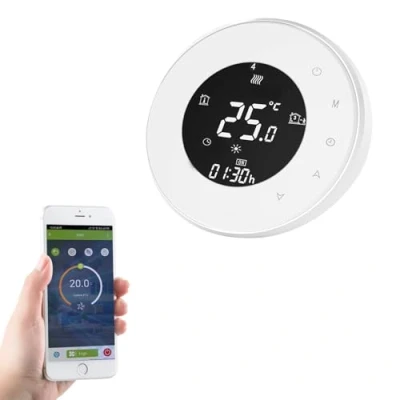 Immagine di Qiumi Tondo Termostato WiFi per riscaldamento di caldaie a gas/acqua funziona con Amazon Alexa Google Home IFTTT Dry Contact 5A 95 240V