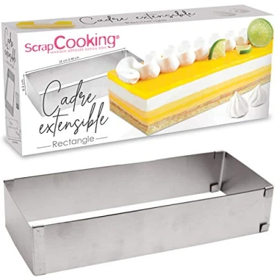 Immagine di ScrapCooking 1916 Cornice Estensibile in Acciaio Inox Stampo Rettangolare Lunghezza Regolabile da 25 a 48 cm per Torte, Dolci e Dessert Accessorio Pasticceria, Inossidabile, Argento