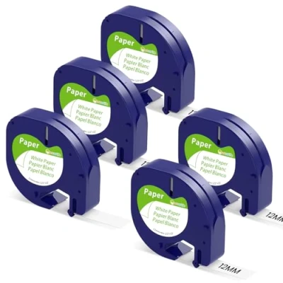 Immagine di Nastro per Etichette Markurlife Compatibile In sostituzione di DYMO LetraTag 12mm x 4m Carta Nero su Bianco 91200 Paper White Cartucce 2000 LT 100H 100T QX50 XR XM