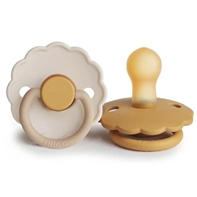 Immagine di FRIGG Daisy confezione da 2 ciucci Ciuccio in lattice Prodotto Danimarca Senza BPA Tettarella simmetrica a ciliegia (Chamomile/Honey Gold, Taglia 1 (0 6 Mesi))