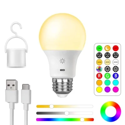 Immagine di Lampada ricaricabile a batteria USB C con telecomando, lampadina intelligente E27 RGB, 9 + 3 temperature di colore, lampadine LED dimmerabili funzione timer, 2600 mAh, 8 W, A19, confezione da 1