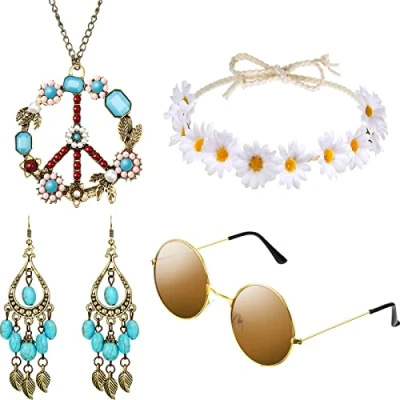 Immagine di HICARER Il Set di Costumi per Hippy Include Occhiali da Sole, Fascia Capelli, Collana e Orecchini con Segno Pace (Bohemien Marrone) (Stile Turchese)