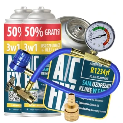 Immagine di A/C FIX 3 in 1 R1234yf refrigerante Gas di Ricambio per Auto con sigillante e Olio bombola del 2 x 235 g, Tubo climatizzatore, manometro, Aria condizionata, Adattatore HP/LP Eco