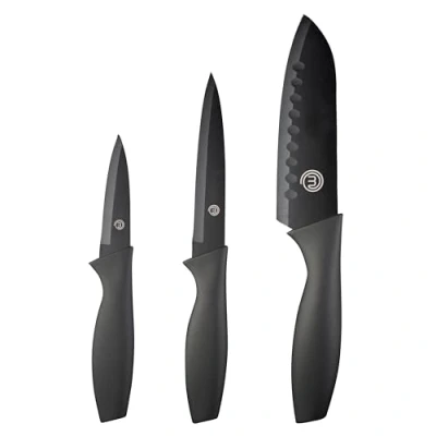Immagine di MasterChef Coltelli da Cucina, Set Coltello Chef per Carne &amp; Verdure, Lama Affilato, Acciaio Inox, Prova di Calore, Manici Neri, Lavabile in Lavastoviglie, Professionali, 3 Pezzi Piccolo