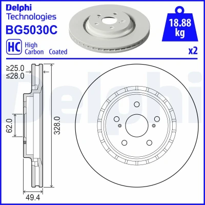 Immagine di 2x DELPHI Disco freno 328mm 28mm 5 ventilato BG5030C Dischi freno, dei freni