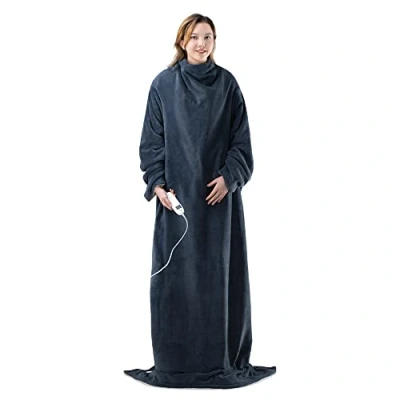 Immagine di Navaris Coperta Termica con Maniche 195x125cm Termocoperta Elettrica 150W Riscaldamento Regolabile Timer Telecomando 9 Livelli Scalda Divano Snuggy Blu/Crema