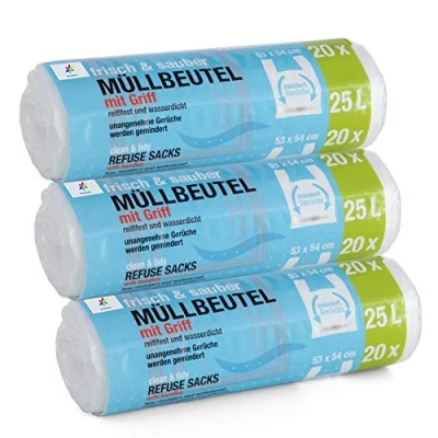 Immagine di 60 sacchetti della spazzatura linea di alta qualità: 25 litri, confezione da 3 pezzi, dimensioni: 53 x 54 cm. Particolarmente resistenti agli strappi e impermeabili, con manico.