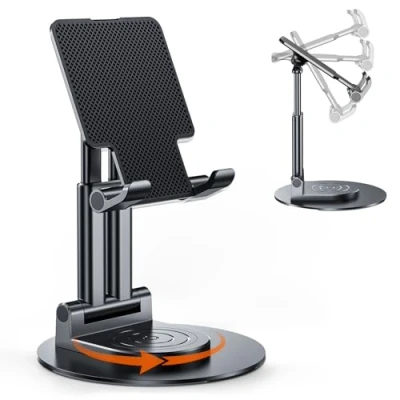 Immagine di BHHB Supporto per cellulare regolabile da tavolo, con base girevole a 360 gradi, smartphone, iPad Mini, Kindle e altro (nero)
