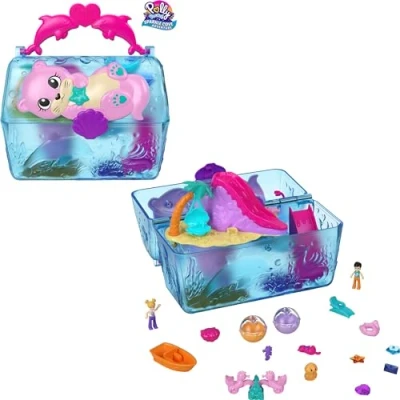 Immagine di Polly Pocket Avventura sull&#039;Isola dei Cristalli Forziere del Tesoro, playset trasportabile con Custodia, Include 2 Micro Bambole, Animali, Gemme e Accessori, Giocattolo per Bambini, 4+ Anni, HPV40